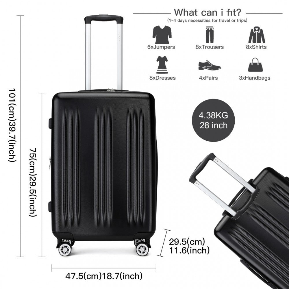 KSK2483 - KONO 28 INCH SLEEK STRIPED CHECK-IN SUITCASE EXPANDABLE DURABLE ABS+PC LUGGAGE WITH FOUR SPINNER WHEELS TSA LOCK - BLACK