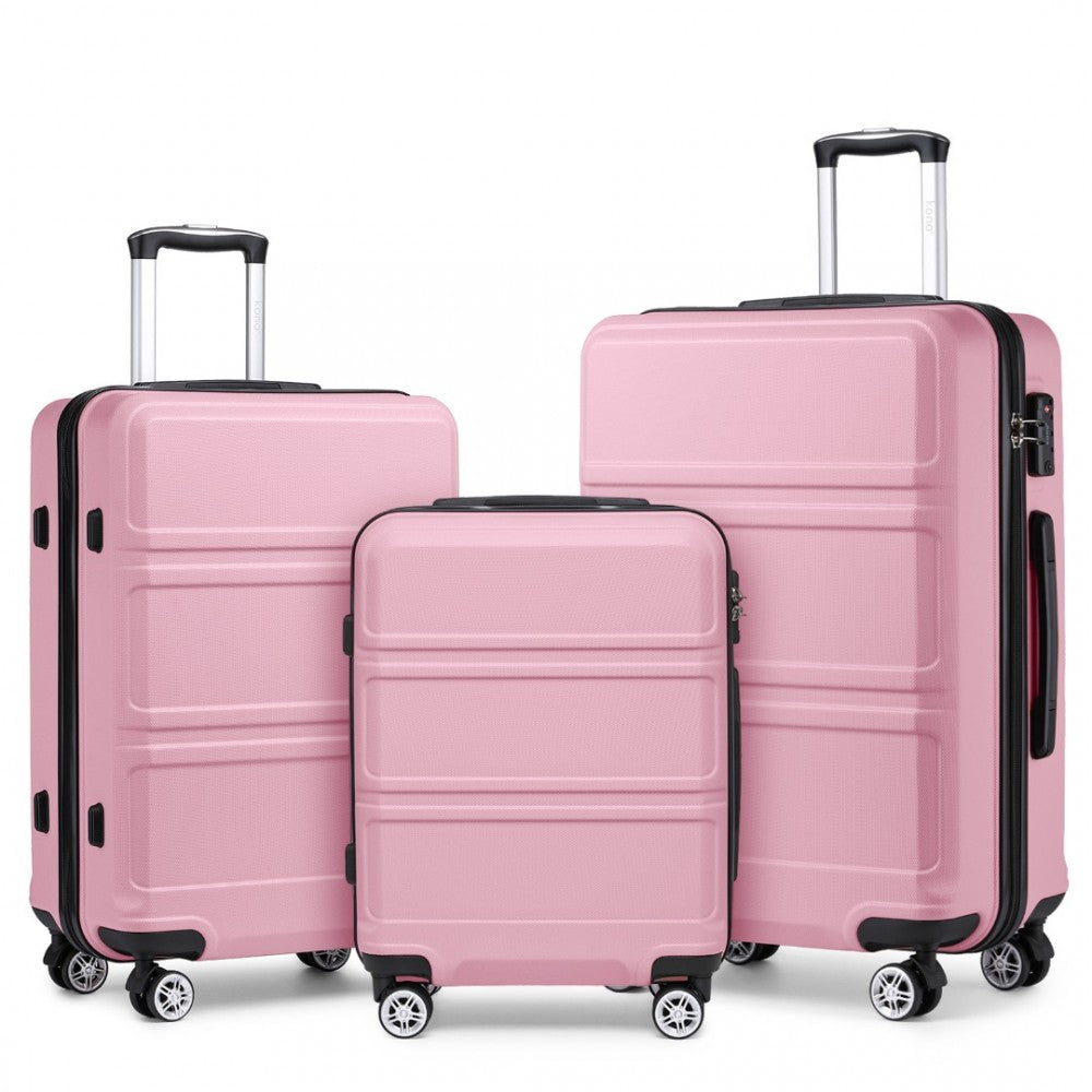 K1871-1L - KONO ABS SCULPTED HORIZONTAL DESIGN 3 PIECE SUITCASE SET - PINK