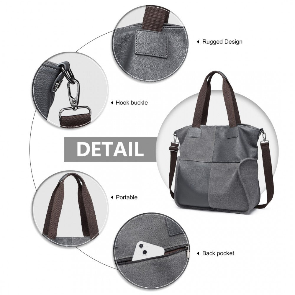 EH2221 - KONO PANELED CONTRAST LARGE CAPACITY CANVAS SHOULDER BAG - GREY