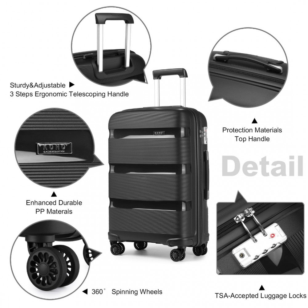 K2092L - KONO BRIGHT HARD SHELL PP SUITCASE WITH TSA LOCK AND VANITY CASE 4 PIECES SET - CLASSIC COLLECTION - BLACK