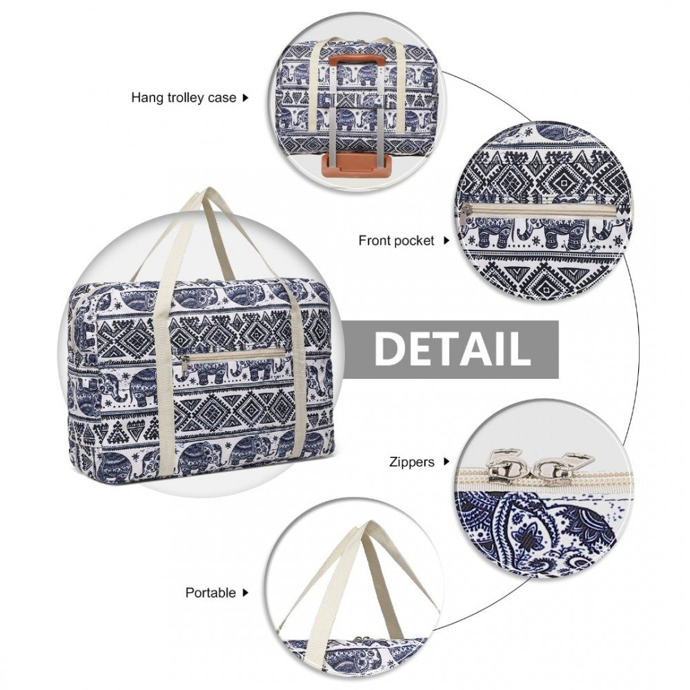 EQ2308E - KONO FOLDABLE WATERPROOF STORAGE CABIN TRAVEL HANDBAG ELEPHANT PRINT - NAVY AND BEIGE