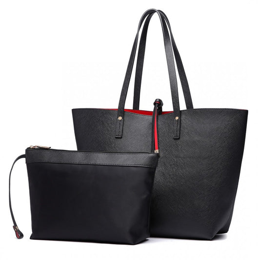 LT6628-1 - MISS LULU WOMEN REVERSIBLE CONTRAST SHOPPER TOTE BAG BLACK