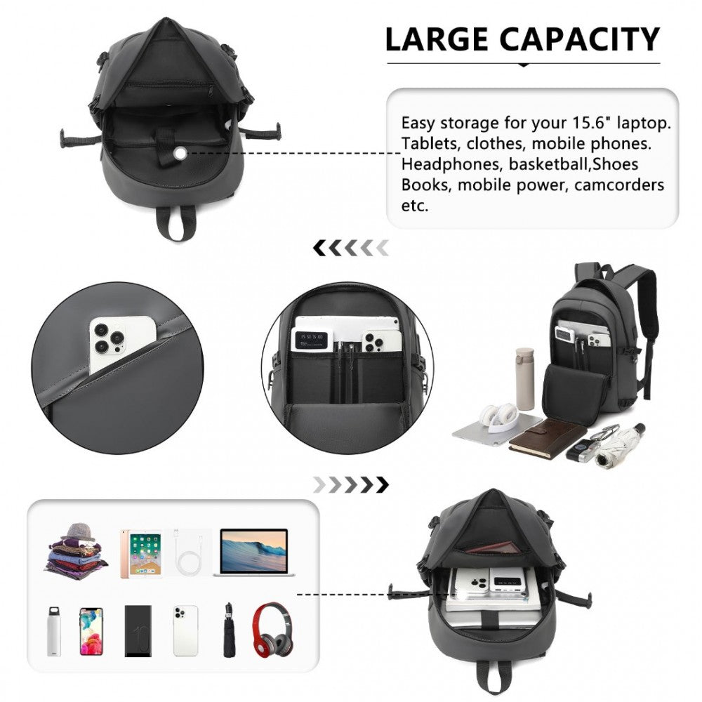 EM2349 - KONO PVC COATED WATER-RESISTANT TECH BACKPACK WITH USB CHARGING PORT - GREY