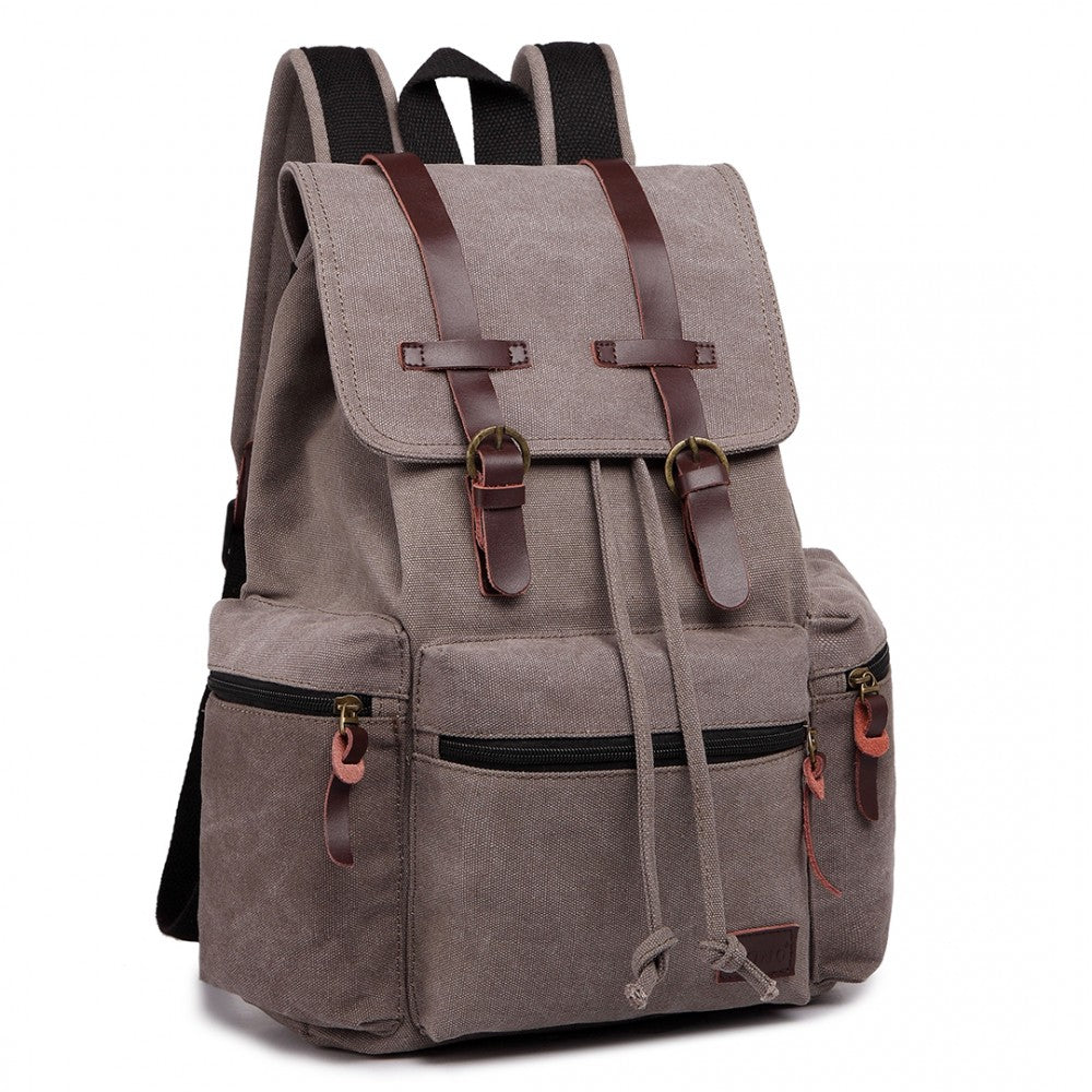 E1672 - KONO LARGE MULTI FUNCTION LEATHER DETAILS CANVAS BACKPACK - GREY