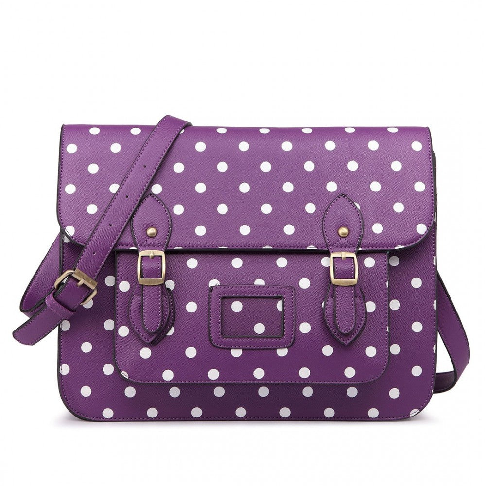 LT1665D2 - MISS LULU POLKA DOT LEATHER LOOK SCHOOL WORK SATCHEL PURPLE