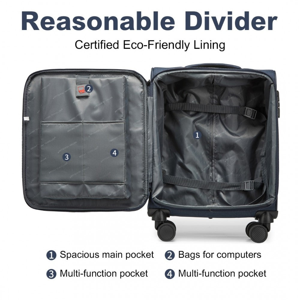 K2397L - BRITISH TRAVELLER 3-PIECE LIGHTWEIGHT SOFT SHELL LUGGAGE SET WITH TSA LOCKS - NAVY