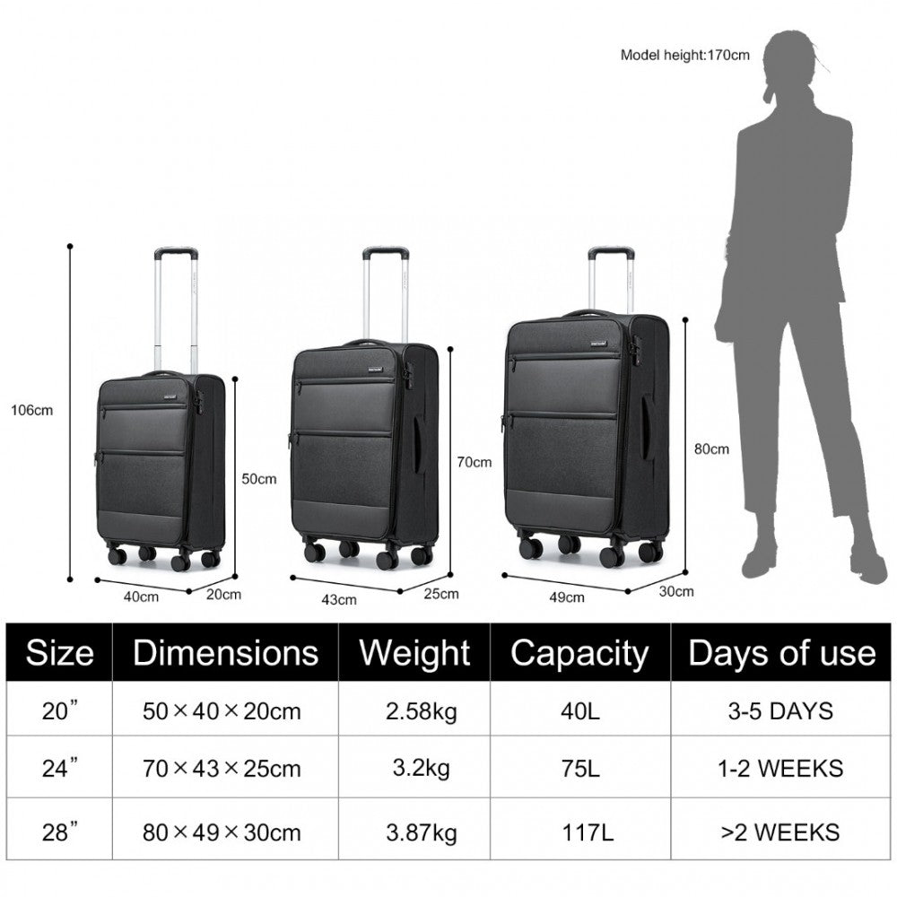 K2397L - BRITISH TRAVELLER 3-PIECE LIGHTWEIGHT SOFT SHELL LUGGAGE SET WITH TSA LOCKS - BLACK