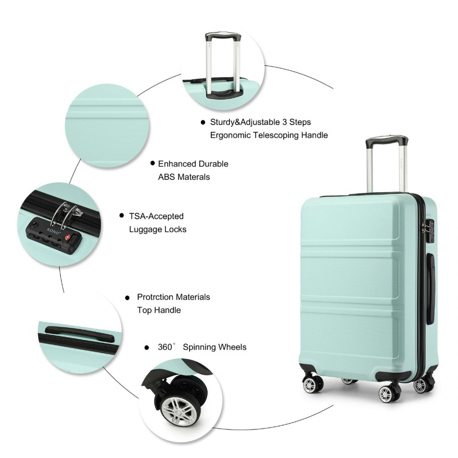 K1871-1L - KONO ABS 20 INCH SCULPTED HORIZONTAL DESIGN CABIN LUGGAGE - MINT GREEN - The Baggage Shop