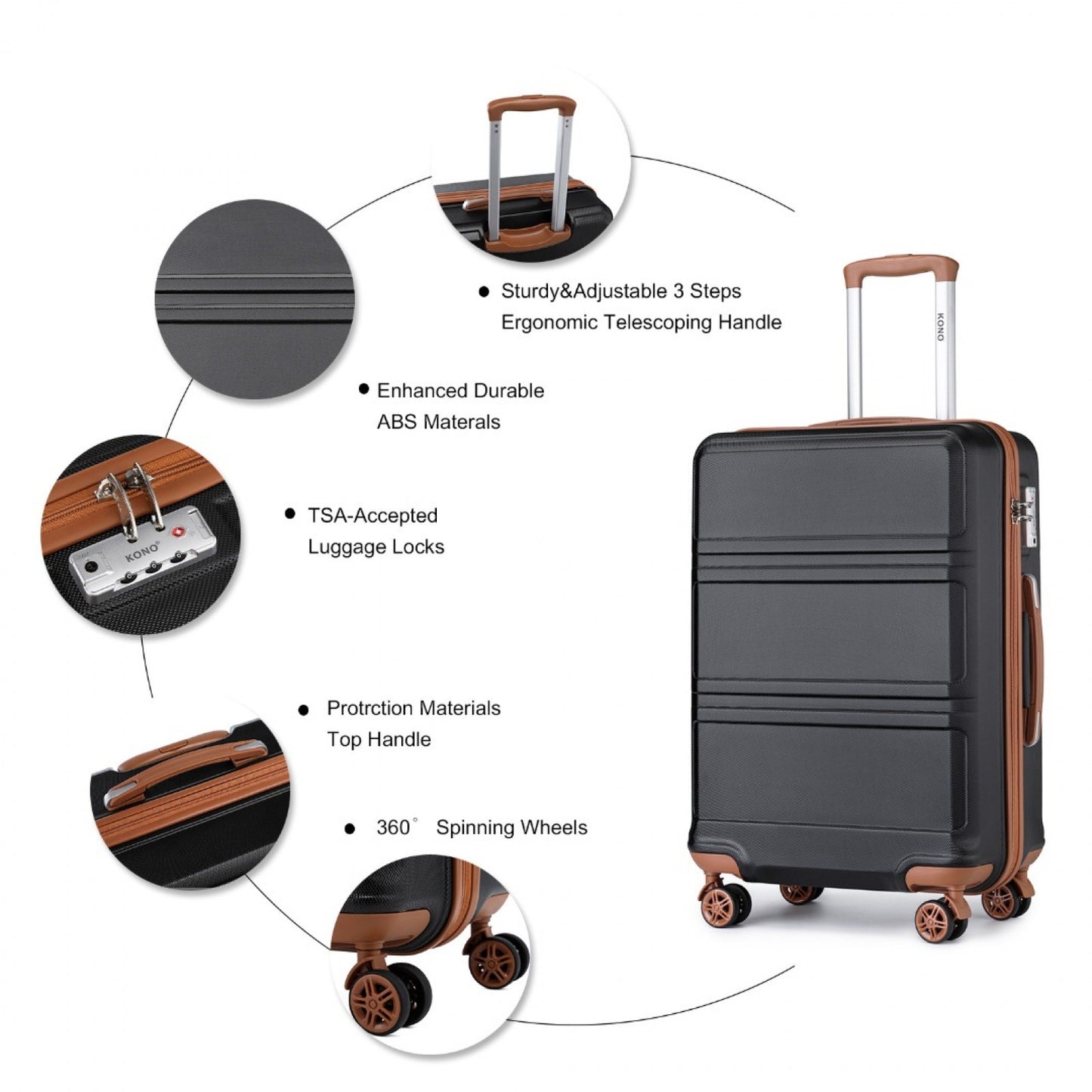 K1871-1L - KONO ABS 20 INCH SCULPTED HORIZONTAL DESIGN CABIN LUGGAGE - BLACK AND BROWN - The Baggage Shop