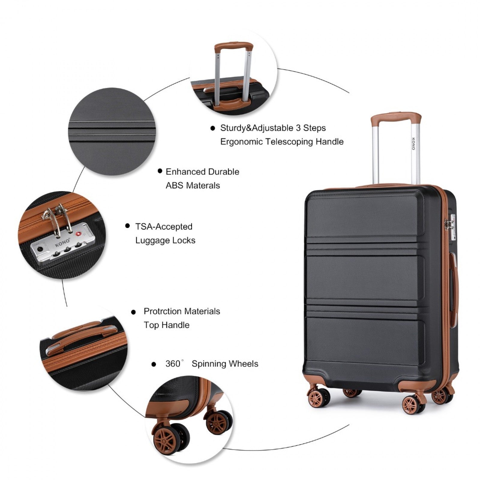 K1871-1L - KONO ABS 20 INCH SCULPTED HORIZONTAL DESIGN CABIN LUGGAGE - BLACK AND BROWN - The Baggage Shop