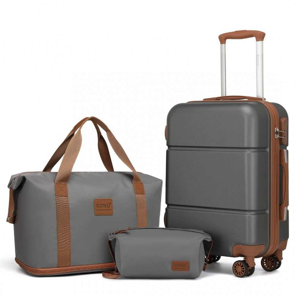 KSK2485+EA2212 - KONO 20 INCH PREMIUM ABS CABIN CARRY-ON SUITCASE SET WITH WEEKEND BAG AND TOILETRY BAG - GREY AND BROWN