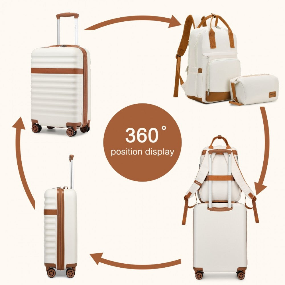 KSK2484+EQ2401 - KONO 20 INCH STYLISH HARD SHELL ABS+PC CABIN SUITCASE INCLUDED MULTI-COMPARTMENT BACKPACK WITH SMALL POUCH 3 PIECE TRAVEL SET - CREAM AND BROWN