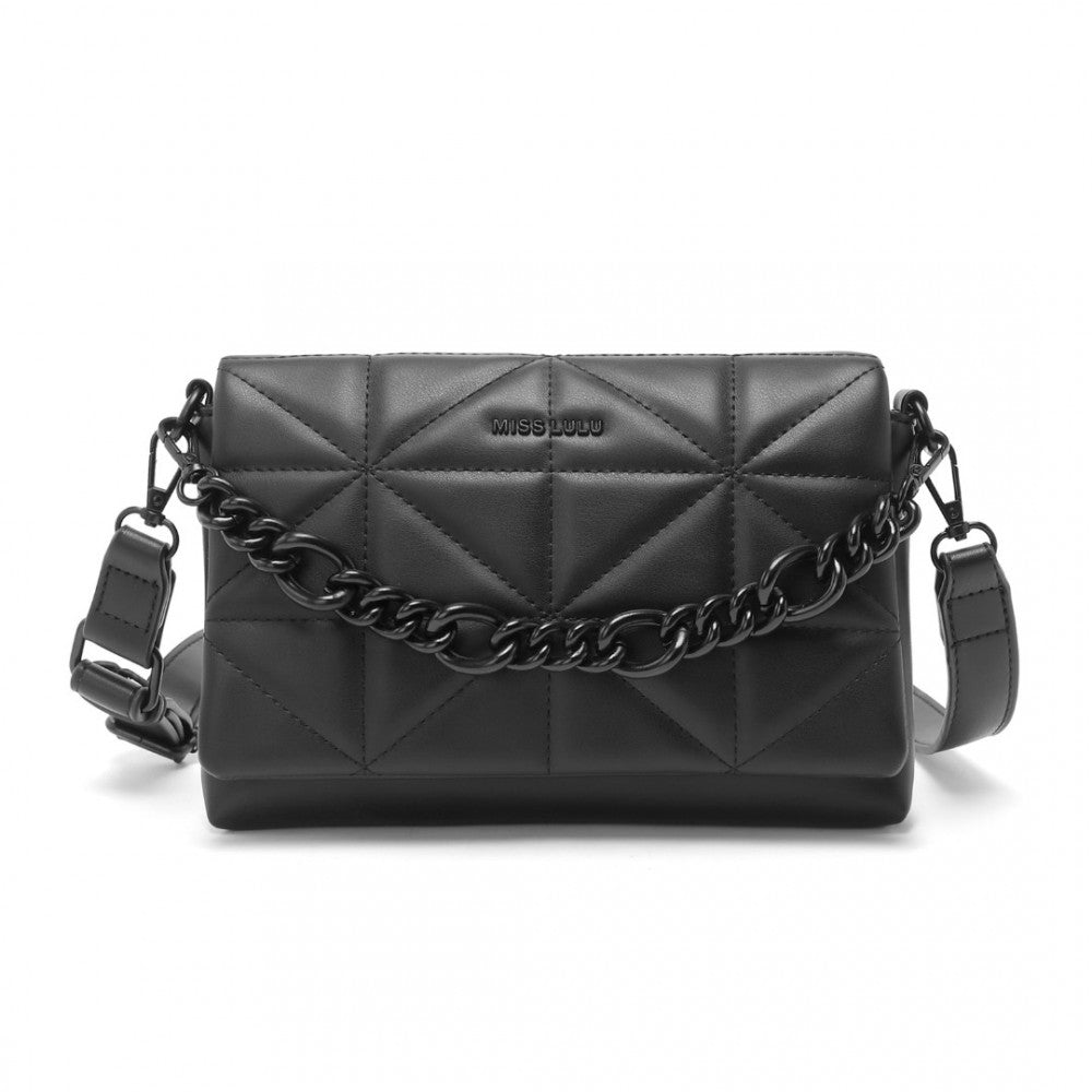 LG2318 - MISS LULU CHIC QUILTED SHOULDER BAG WITH CHAIN STRAP - BLACK