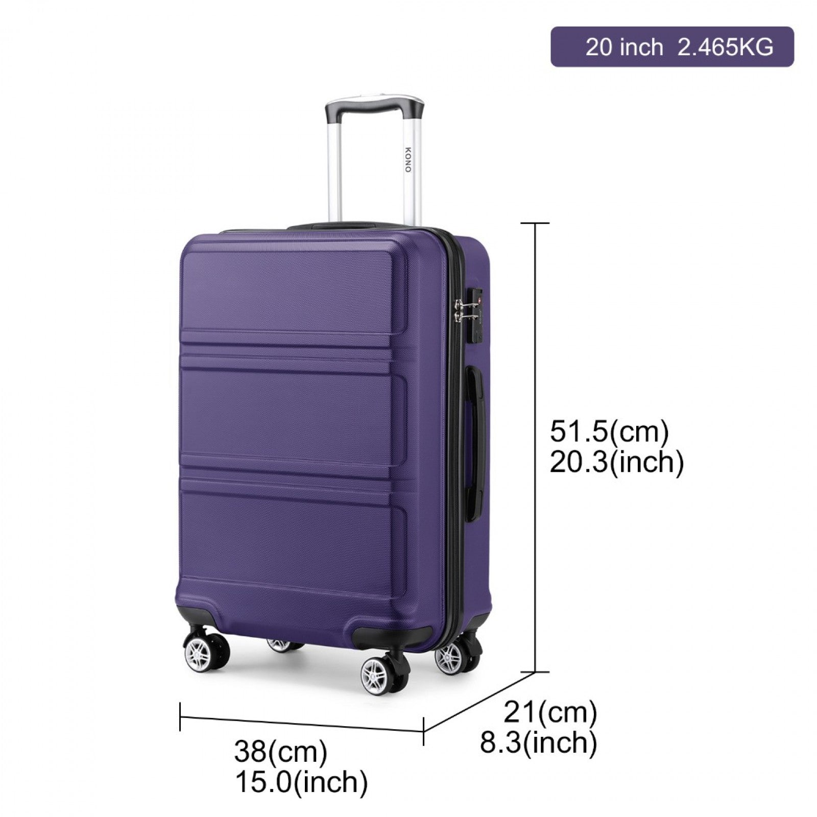 K1871-1L - KONO ABS 20 INCH SCULPTED HORIZONTAL DESIGN CABIN LUGGAGE - PURPLE - The Baggage Shop