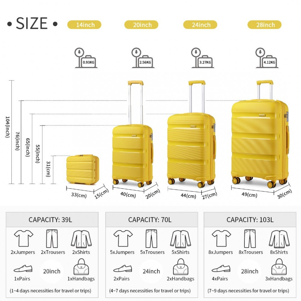 K2092L - KONO BRIGHT HARD SHELL PP SUITCASE WITH TSA LOCK AND VANITY CASE 4 PIECES SET - CLASSIC COLLECTION - YELLOW