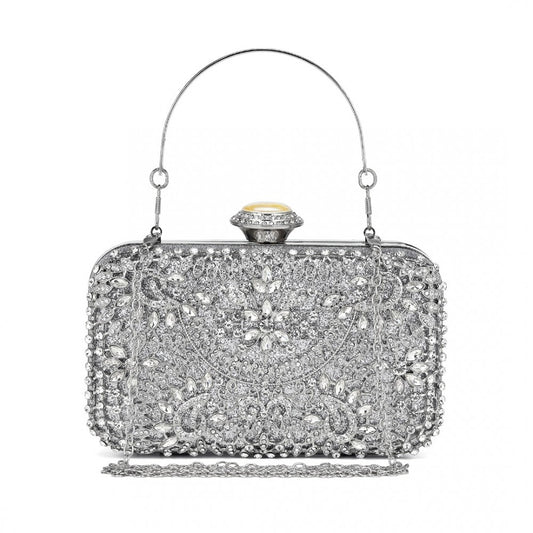 CLS2447 - ELEGANT EVENING CLUTCH BAG WITH RHINESTONE EMBELLISHMENTS DETACHABLE HANDLE AND CHAIN STRAP - SILVER