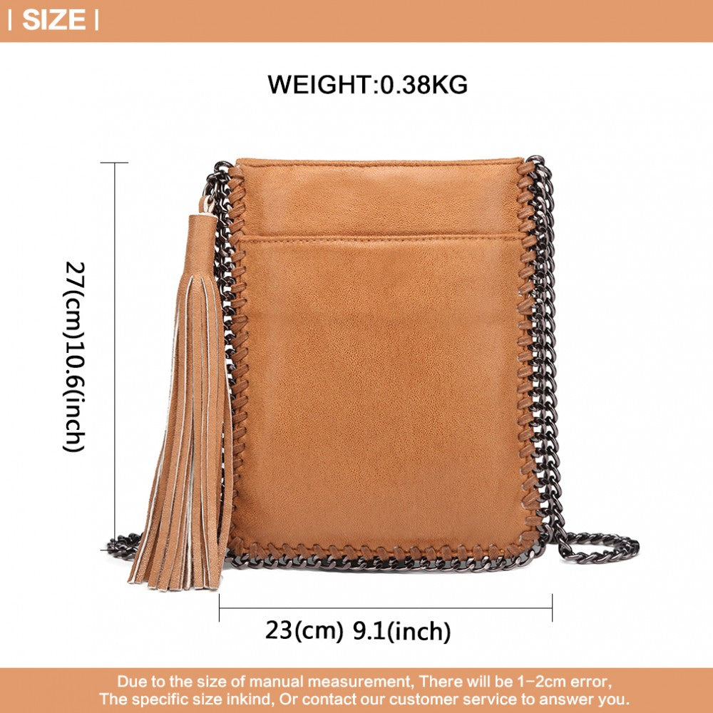 E6845 - MISS LULU LEATHER LOOK CHAIN SHOULDER BAG WITH TASSEL PENDANT - BROWN