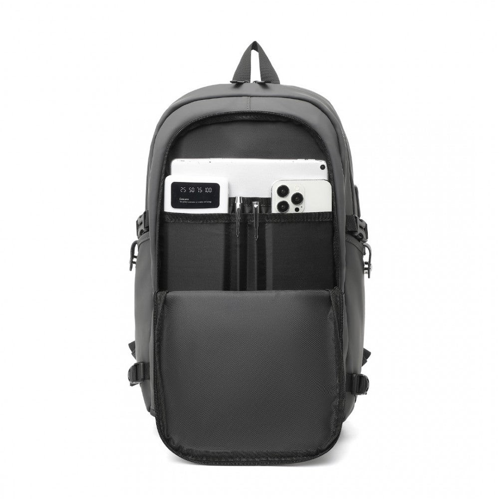 EM2349 - KONO PVC COATED WATER-RESISTANT TECH BACKPACK WITH USB CHARGING PORT - GREY