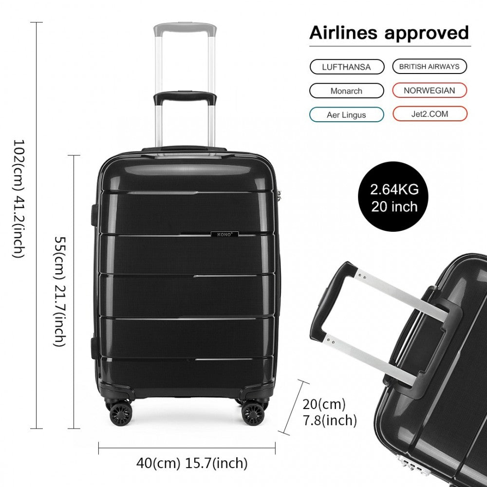 K2092L - KONO BRIGHT HARD SHELL PP SUITCASE 3 PIECES SET - CLASSIC COLLECTION - BLACK