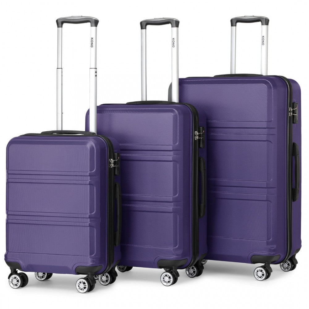 K1871-1L - KONO ABS SCULPTED HORIZONTAL DESIGN 3 PIECE SUITCASE SET - PURPLE