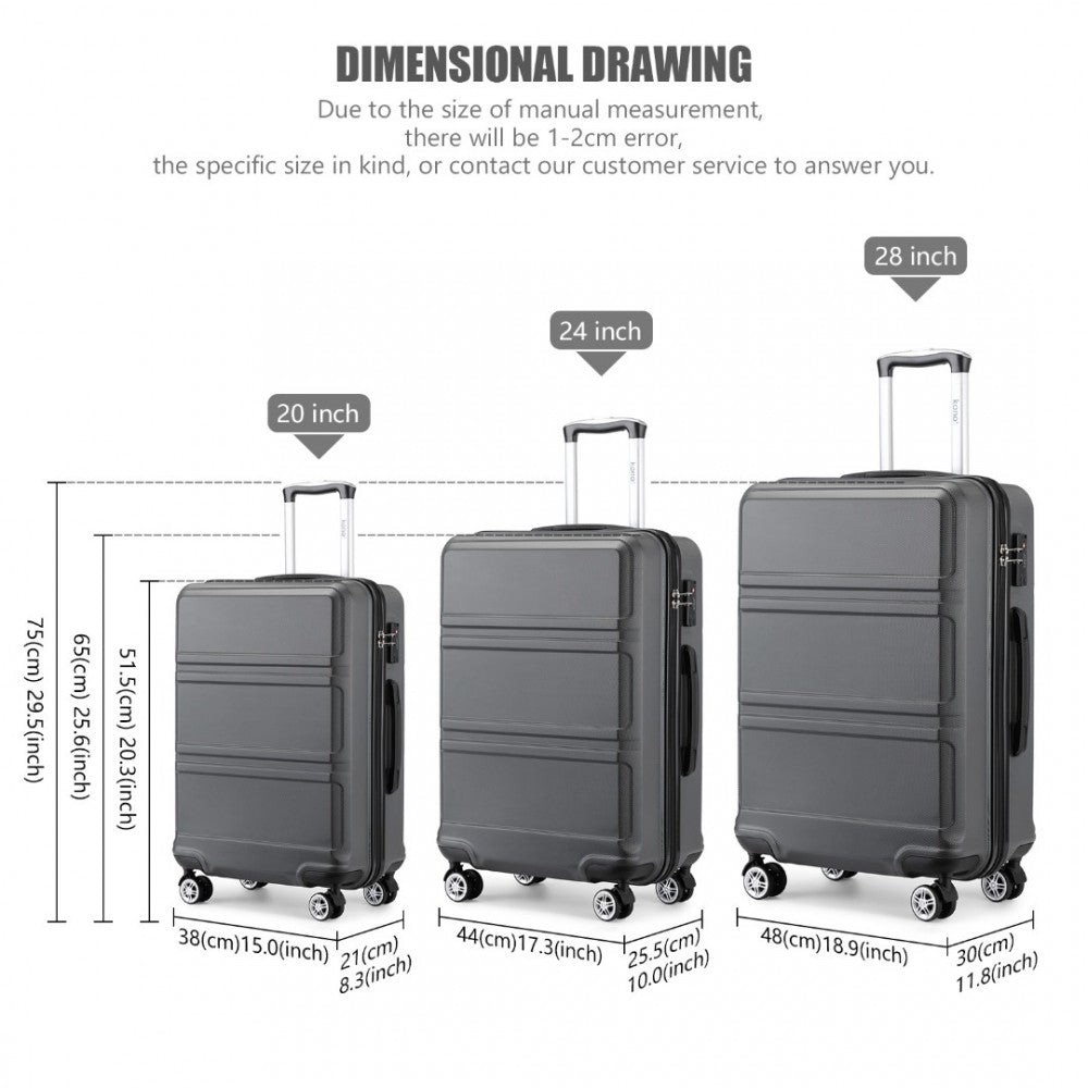 K1871-1L - KONO ABS SCULPTED HORIZONTAL DESIGN 3 PIECE SUITCASE SET - GREY