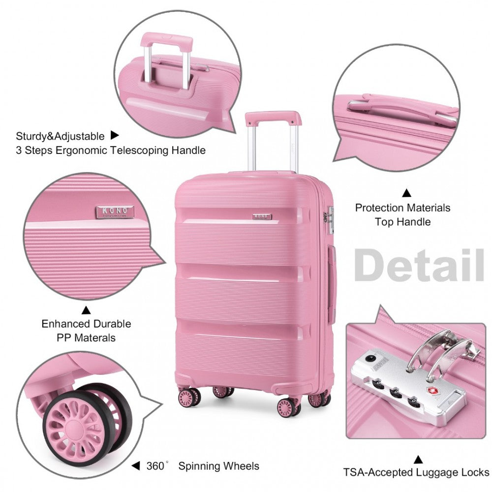 K2092L - KONO BRIGHT HARD SHELL PP SUITCASE WITH TSA LOCK AND VANITY CASE 4 PIECES SET - CLASSIC COLLECTION - PINK