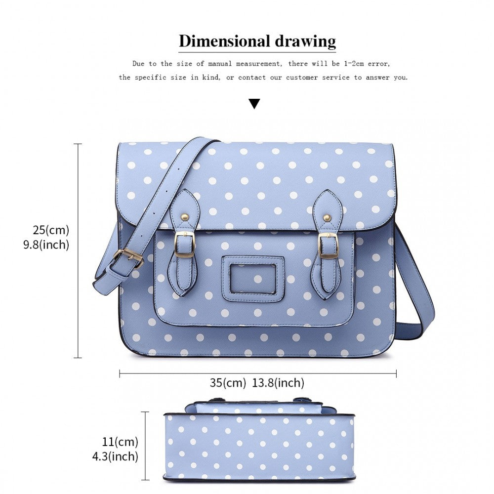 LT1665D2 - MISS LULU POLKA DOT LEATHER LOOK SCHOOL WORK SATCHEL LIGHT BLUE