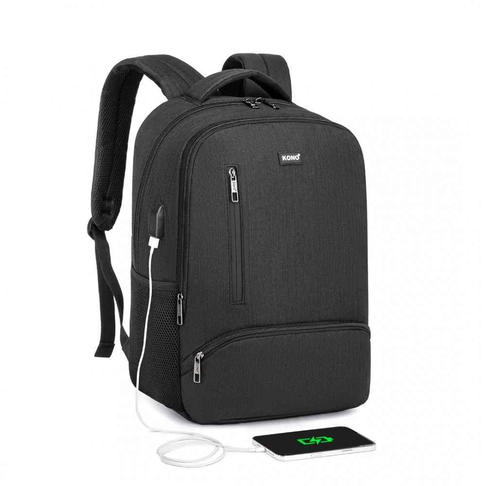 E1978 - KONO MULTI COMPARTMENT BACKPACK WITH USB CONNECTIVITY - BLACK