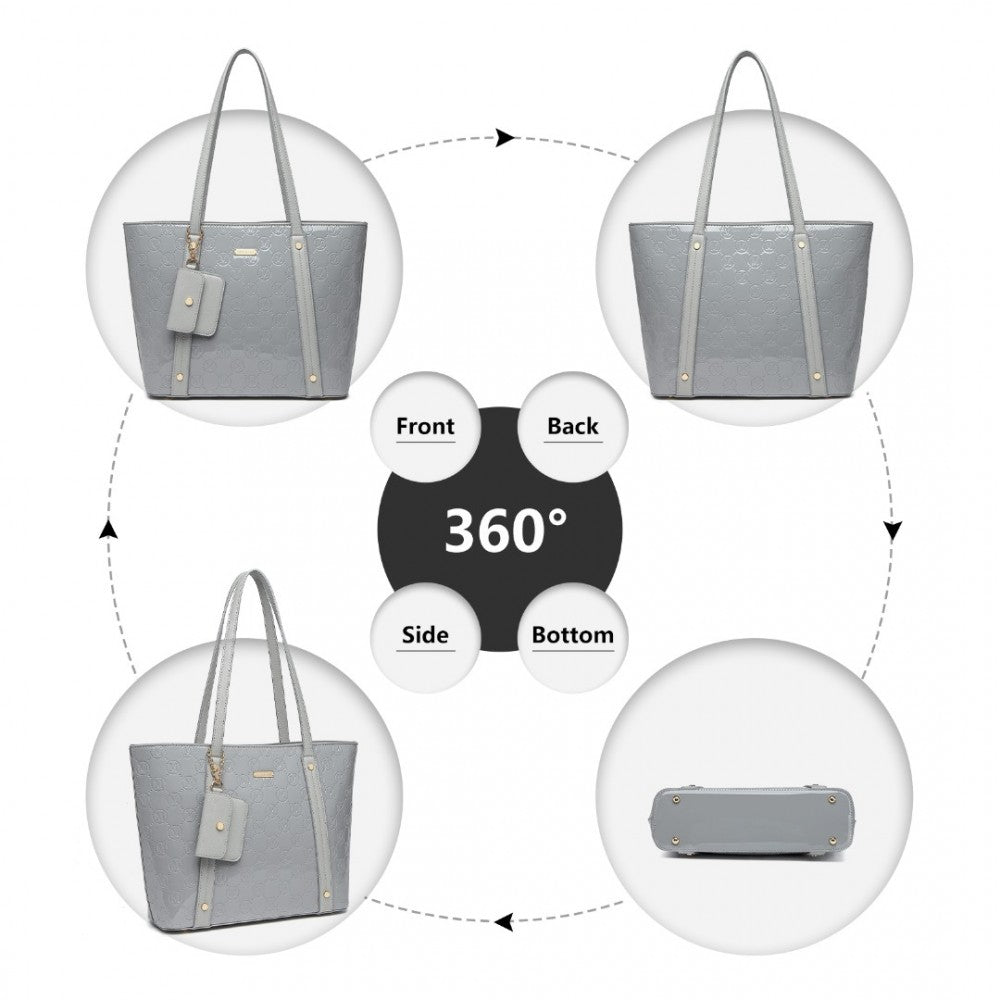 LD2217 - MISS LULU 4 PIECES GLOSSY LEATHER TOTE BAG SET - GREY