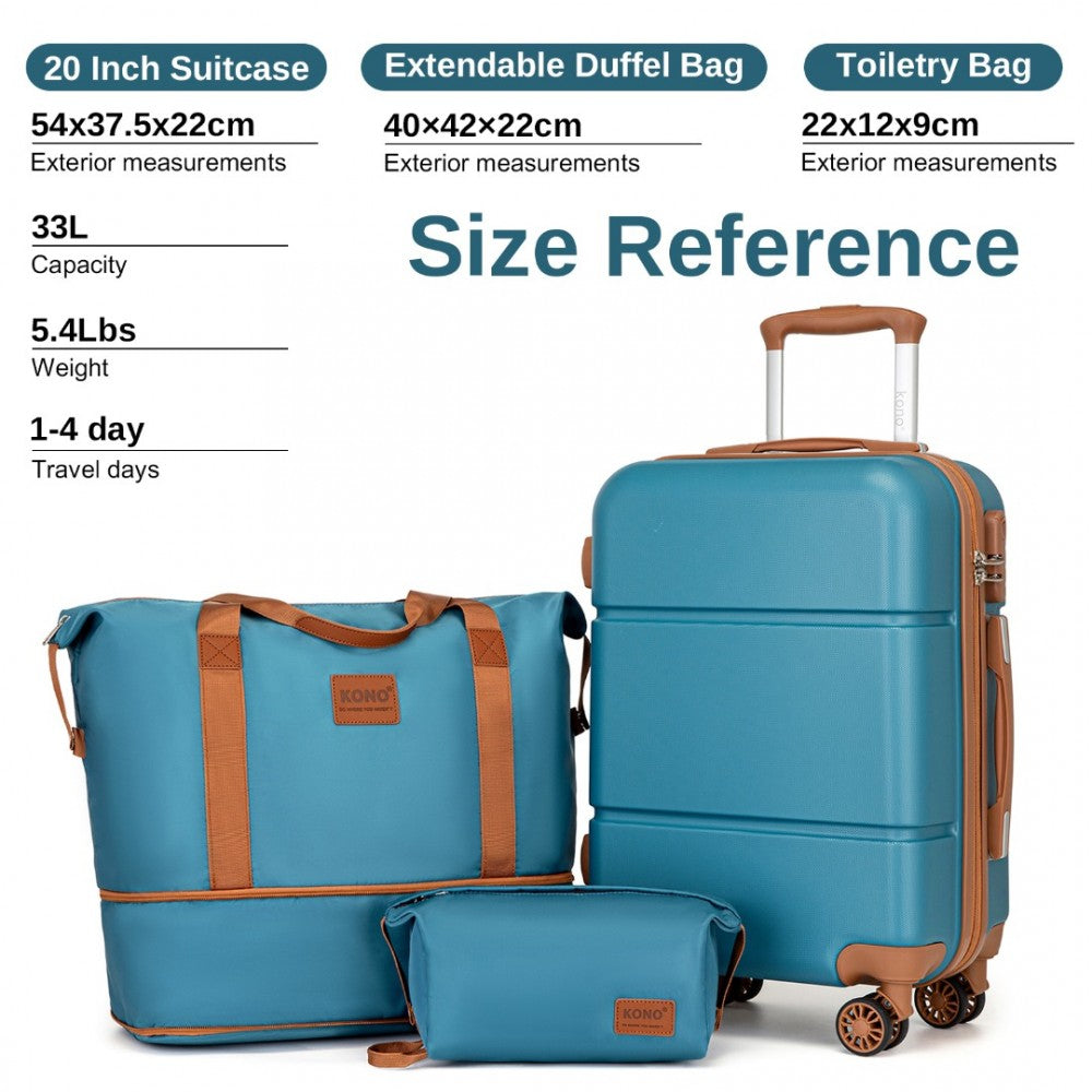 KSK2485+EA2212 - KONO 20 INCH PREMIUM ABS CABIN CARRY-ON SUITCASE SET WITH WEEKEND BAG AND TOILETRY BAG - BLUE AND BROWN