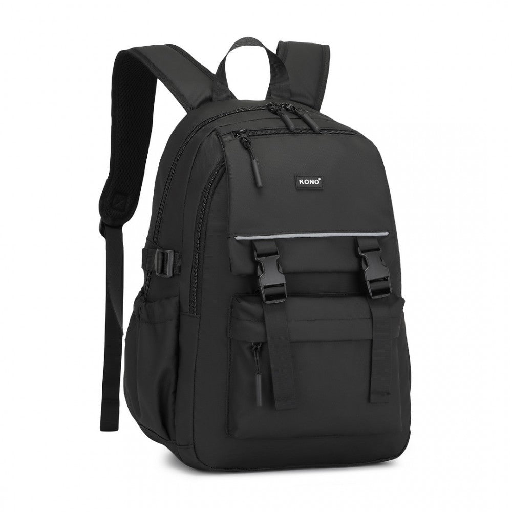 EQ2416 - KONO PVC COATED URBAN WATER-RESISTANT BACKPACK WITH REFLECTIVE SAFETY STRAPS AND MULTI-COMPARTMENT DESIGN - BLACK