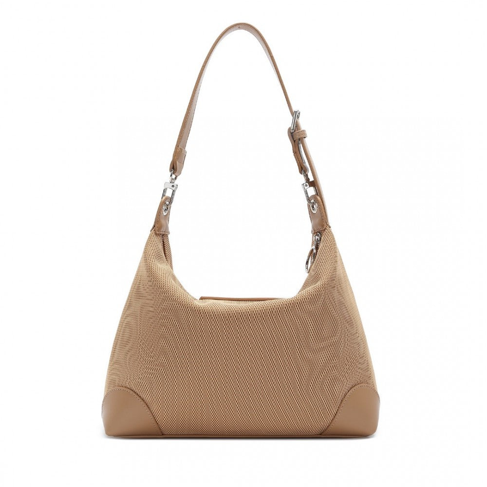 LD2364 - MISS LULU LIGHTWEIGHT CHIC MESH CASUAL SHOULDER BAG WITH PROTECTIVE PU ACCENTS - KHAKI