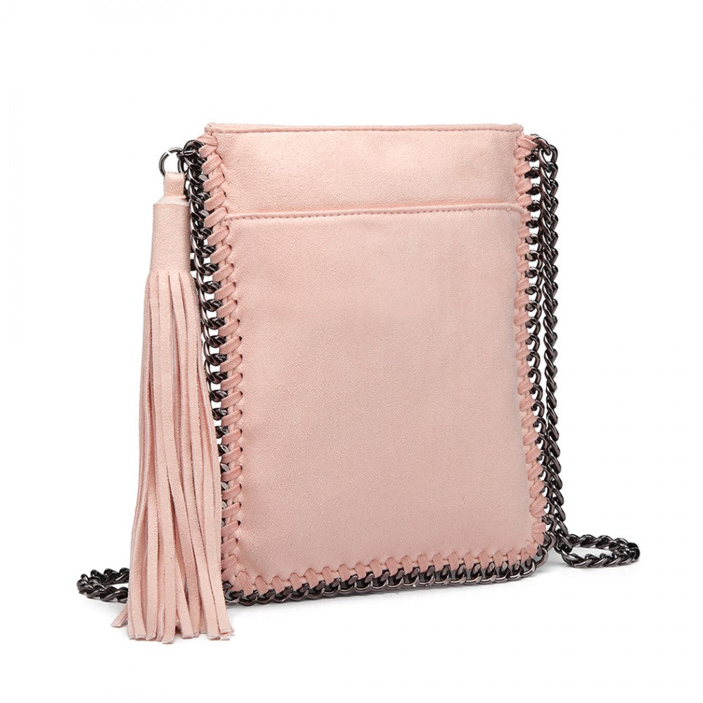 E6845 - MISS LULU LEATHER LOOK CHAIN SHOULDER BAG WITH TASSEL PENDANT - PINK