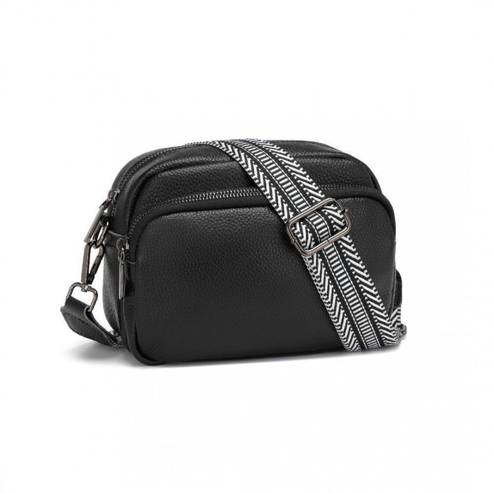 LH2418 - MISS LULU ELEGANT GENUINE LEATHER CROSSBODY SHOULDER BAG WITH JACQUARD WOVEN STRAP - BLACK