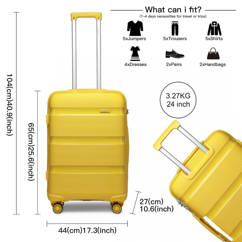 K2092L - KONO 24 INCH BRIGHT HARD SHELL PP SUITCASE - CLASSIC COLLECTION - YELLOW