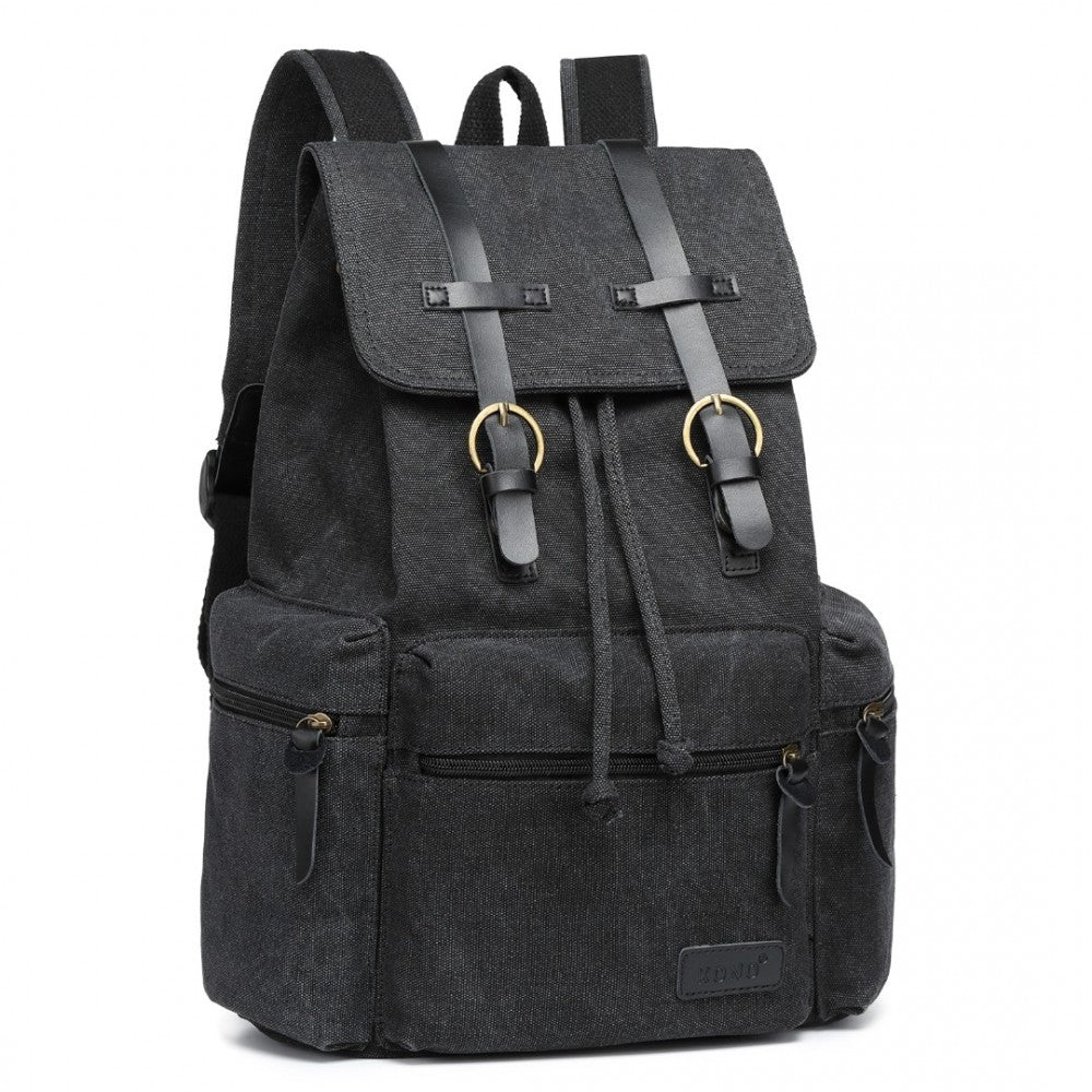 E1672 - KONO LARGE MULTI FUNCTION LEATHER DETAILS CANVAS BACKPACK - BLACK