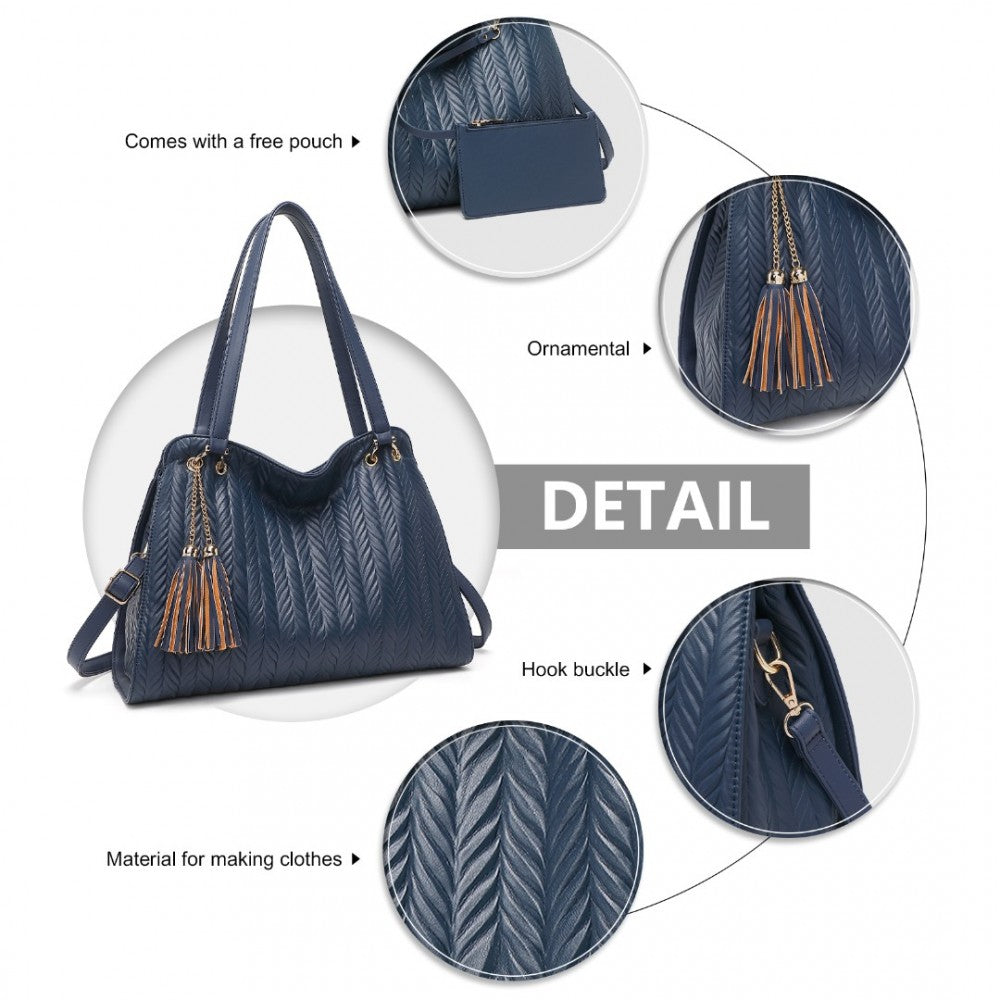 LG2339 - MISS LULU CHIC EMBOSSED TOTE WITH TASSEL DETAIL AND CARD POUCH - NAVY