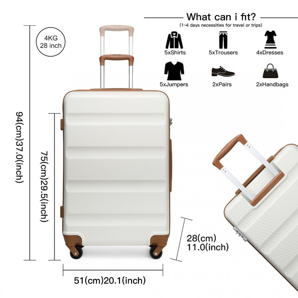 K2191L - KONO 28 INCH CHECK IN LUGGAGE - STREAMLINED ABS HARDSHELL SUITCASE WITH SECURE TSA LOCK - CREAM