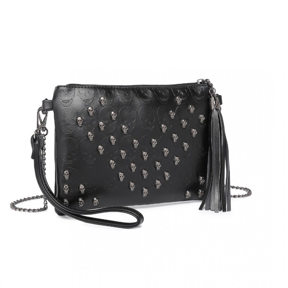 LH2412 - MISS LULU SOFT PU ULTRA-LIGHTWEIGHT CLUTCH BAG WITH SKULL EMBOSSING TASSEL DETAIL AND LONG CHAIN SHOULDER STRAP - BLACK