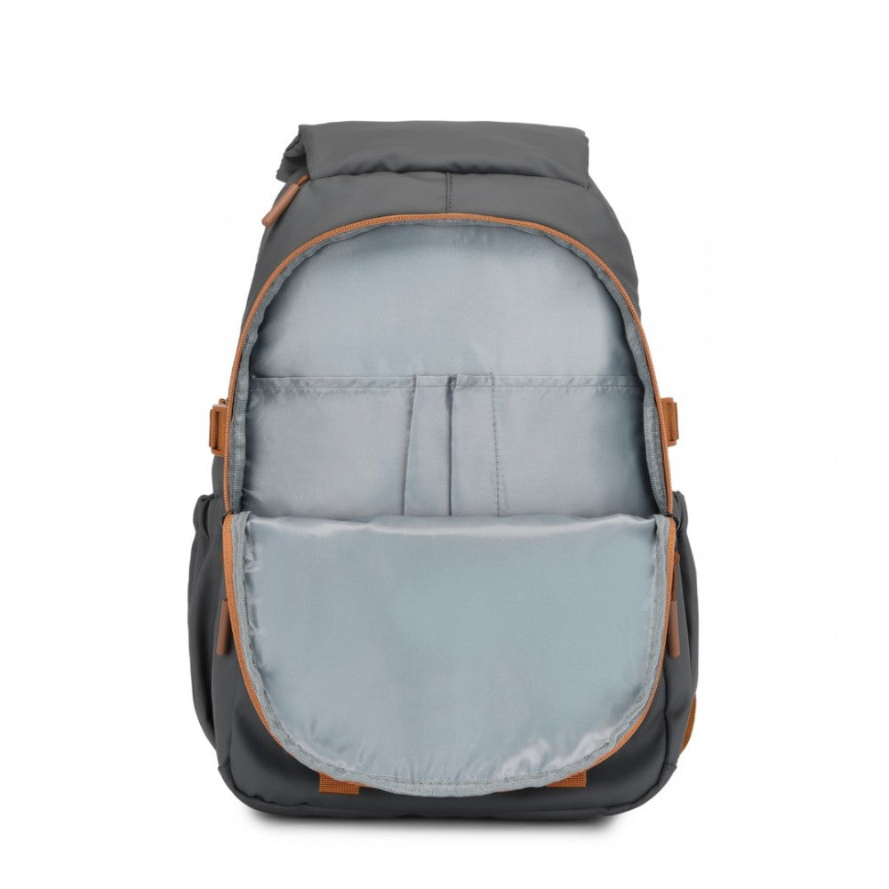 EQ2416 - KONO PVC COATED URBAN WATER-RESISTANT BACKPACK WITH REFLECTIVE SAFETY STRAPS AND MULTI-COMPARTMENT DESIGN - GREY AND BROWN