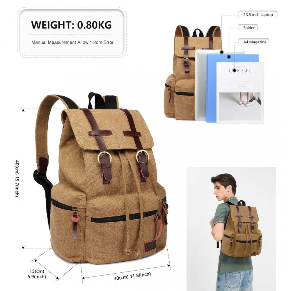 E1672 - KONO LARGE MULTI FUNCTION LEATHER DETAILS CANVAS BACKPACK - BROWN