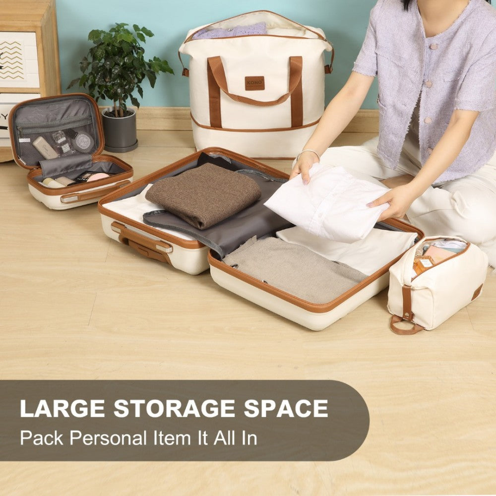 K1871-1L+EA2212 - KONO ABS 4 WHEEL SUITCASE SET WITH VANITY CASE AND WEEKEND BAG AND TOILETRY BAG - CREAM