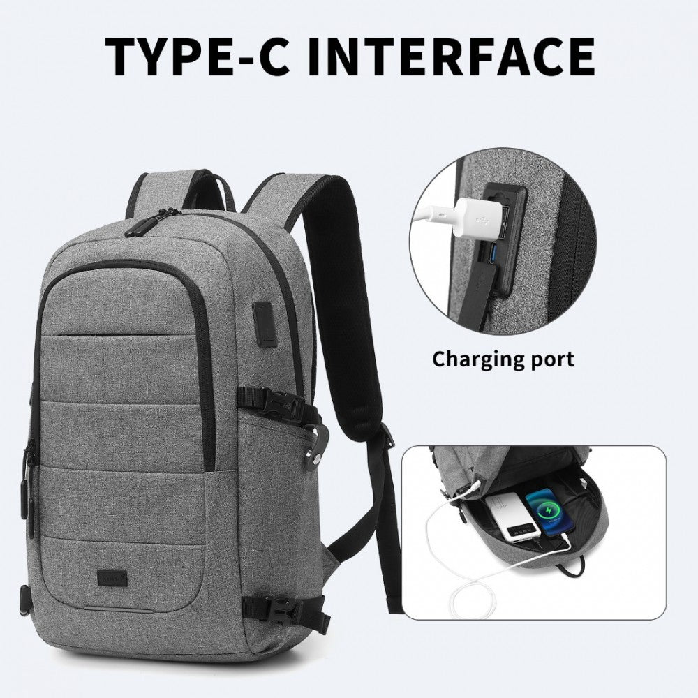 EM2347 - KONO MULTI-COMPARTMENT WATER-RESISTANT BACKPACK WITH USB CHARGING PORT - GREY