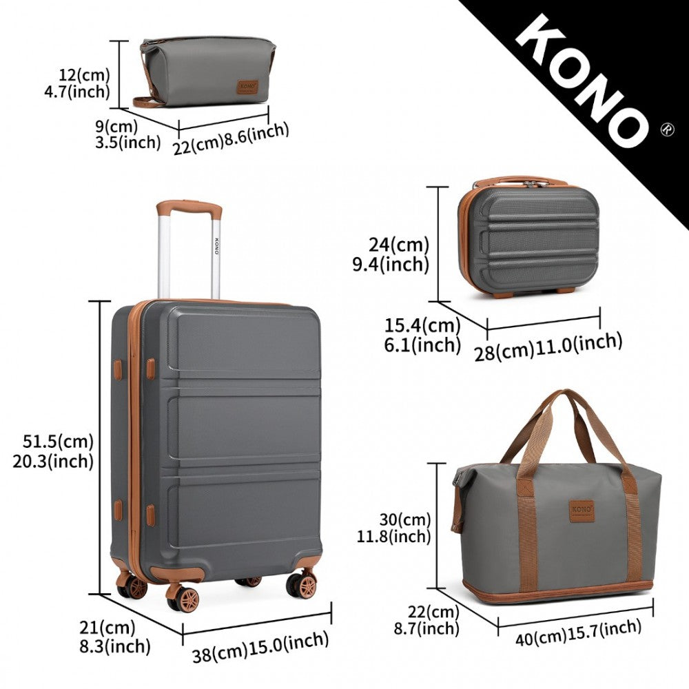 K1871-1L+EA2212 - KONO ABS 4 WHEEL SUITCASE SET WITH VANITY CASE AND WEEKEND BAG AND TOILETRY BAG - GREY AND BROWN