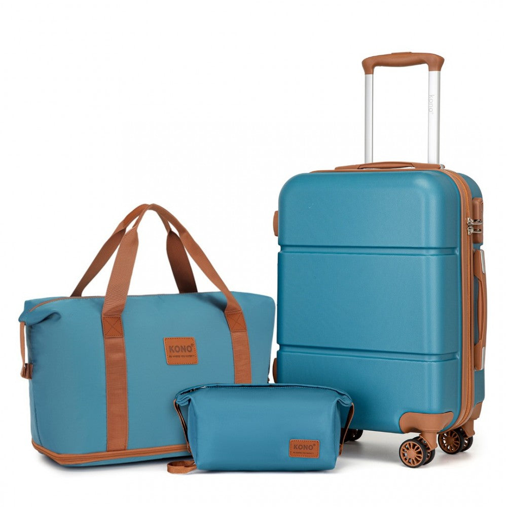 KSK2485+EA2212 - KONO 20 INCH PREMIUM ABS CABIN CARRY-ON SUITCASE SET WITH WEEKEND BAG AND TOILETRY BAG - BLUE AND BROWN