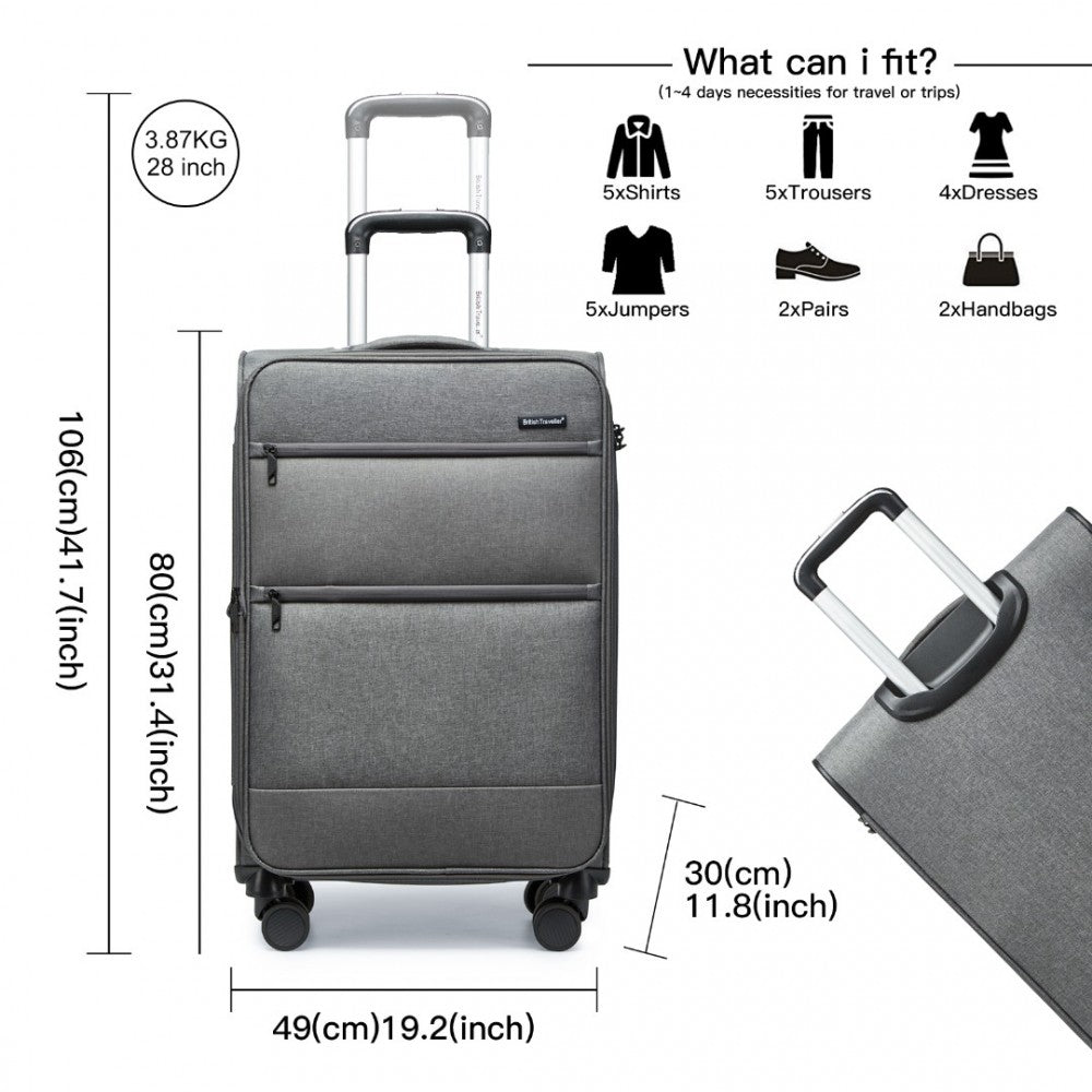 K2397L - BRITISH TRAVELLER 28 INCH LIGHTWEIGHT SOFT SHELL EXPANDABLE SUITCASE WITH TSA LOCK - GREY