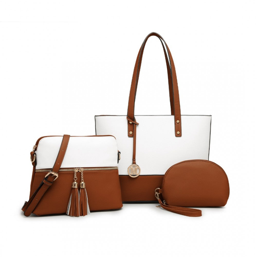 LG2023 - MISS LULU 3 PIECE LEATHER LOOK TOTE BAG SET - BEIGE AND BROWN