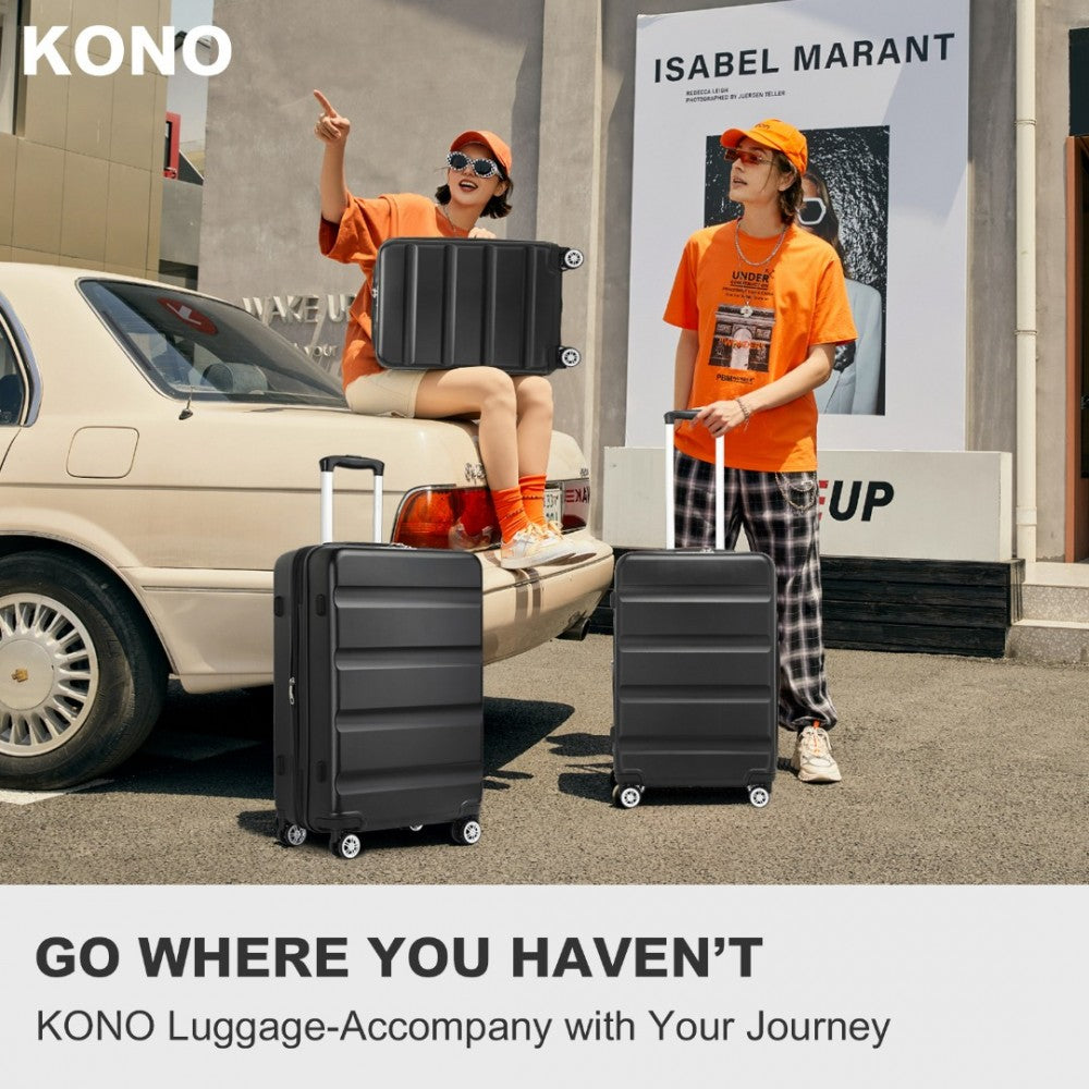 KSK2482 - KONO 28 INCH EXPANDABLE HORIZONTAL ENGRAVED HARD SHELL ABS+PC CHECK-IN SUITCASE WITH TSA LOCK - BLACK - The Baggage Shop