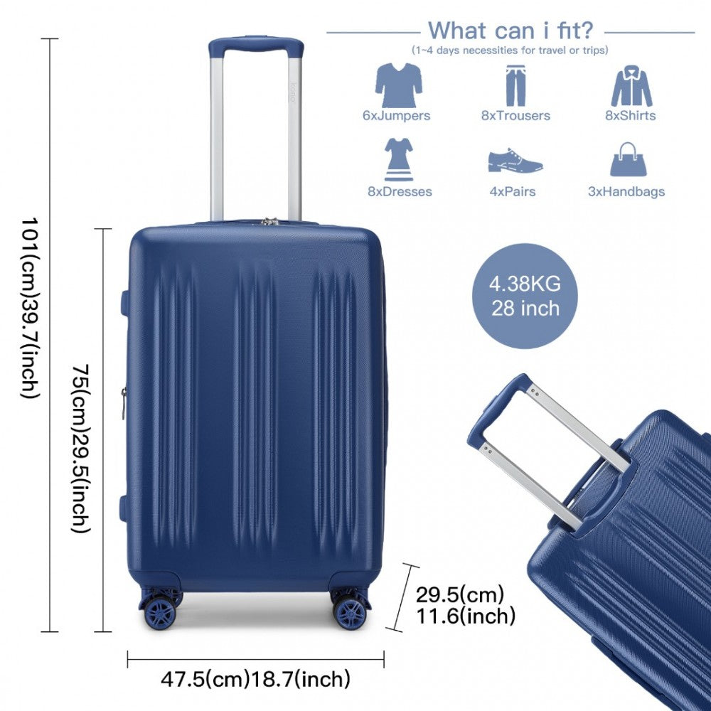 KSK2483 - KONO 28 INCH SLEEK STRIPED CHECK-IN SUITCASE EXPANDABLE DURABLE ABS+PC LUGGAGE WITH FOUR SPINNER WHEELS TSA LOCK - NAVY