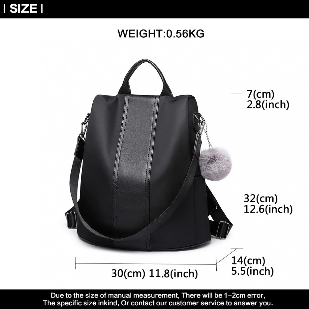 LG1903 - MISS LULU TWO WAY BACKPACK SHOULDER BAG WITH POM POM PENDANT - BLACK